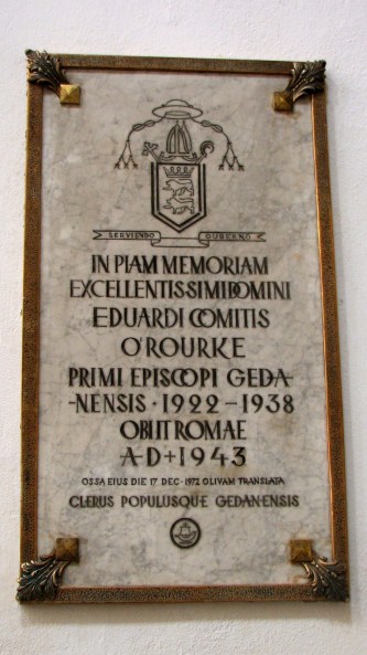 Plaque to bishop Edward O'Rourke in Oliwa Cathedral in Gdańsk